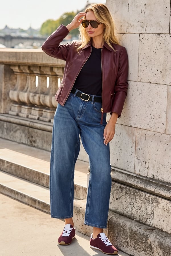 Burgundy Zip Detail Collared Leather Jacket