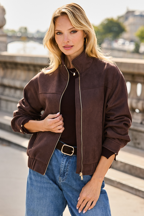 Chocolate Brown Faux Suede Zip Front Funnel Collar Jacket
