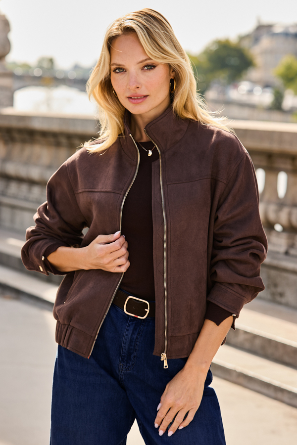 Chocolate Brown Faux Suede Funnel Collar Jacket