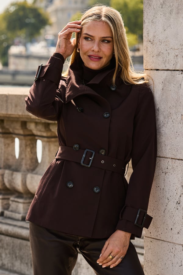 Chocolate Brown Double Breasted Trench Coat With Funnel Neck