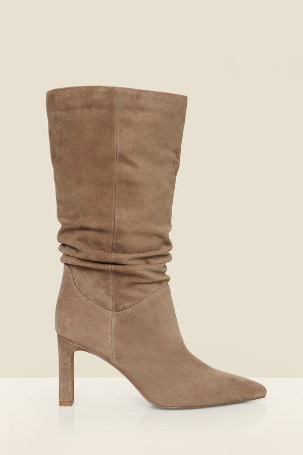 Taupe Suede Ruched Pointed Toe High Leg Boots