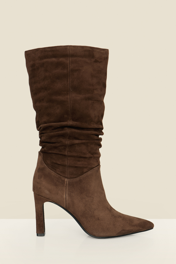 Chocolate Brown Suede Ruched Pointed Toe High Leg Boots