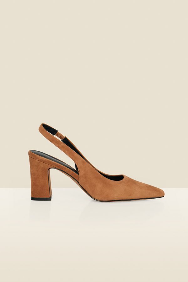 Tan Suede Block Heel Slingback Court Shoes