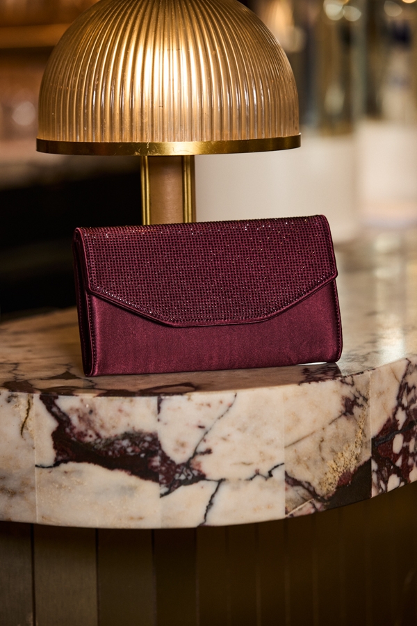 Burgundy Satin Diamante Clutch Bag