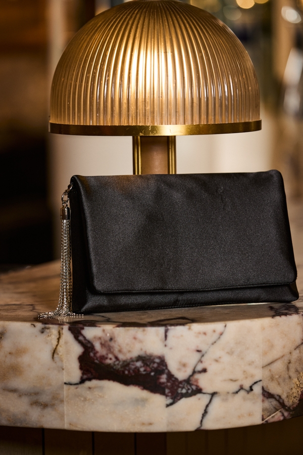 Black Satin Cross Body Bag With Diamante Tassel