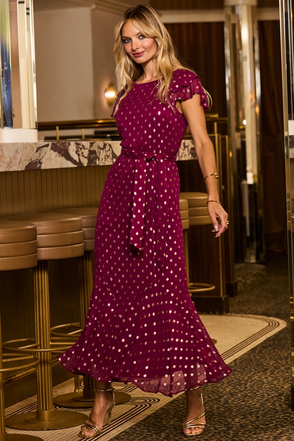 Burgundy Metallic Spot Print Frill Hem Midaxi Dress