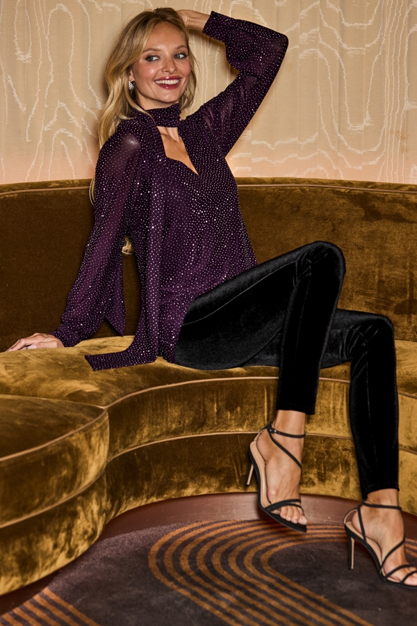 Purple Embellished Keyhole Detail Neck Scarf Top