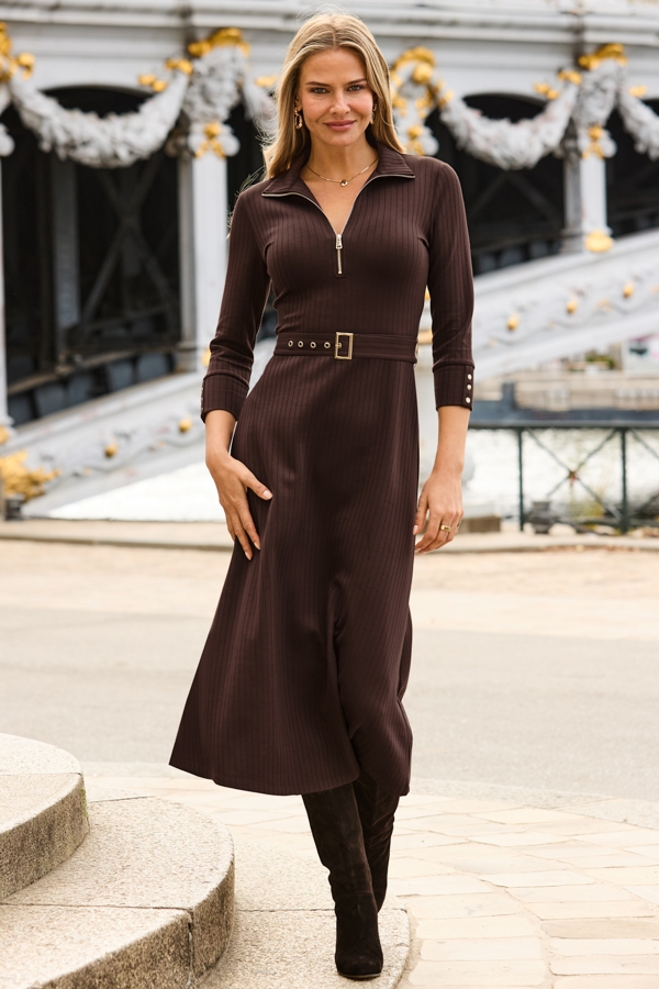 Chocolate Brown Rib Zip Front Fit & Flare Dress