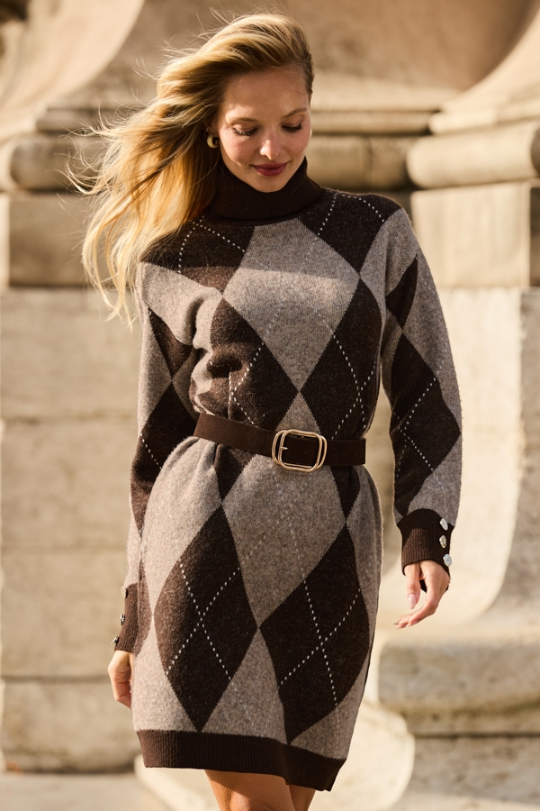 Chocolate Brown Argyle Roll Neck Knitted Shift Dress