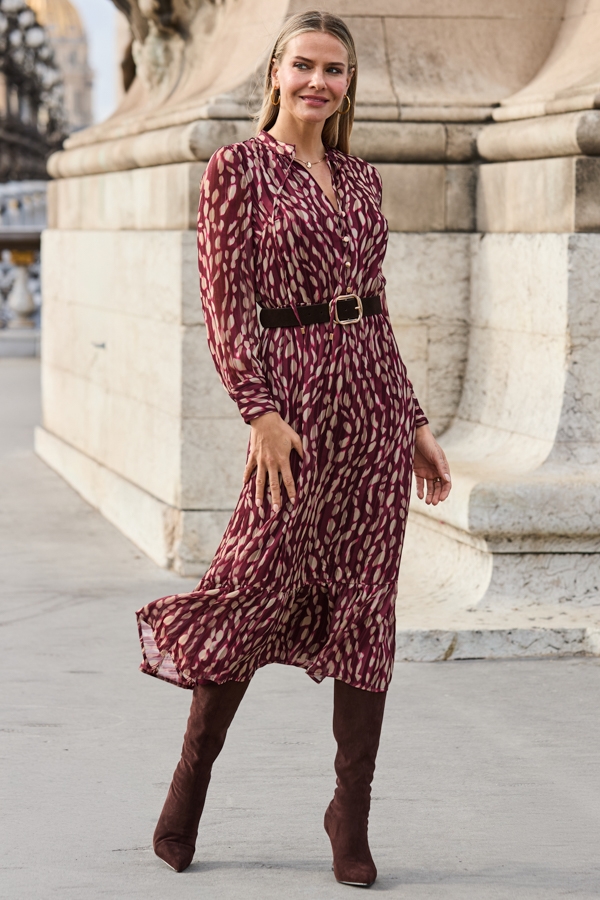 Burgundy Fleck Print Tie Neck Tiered Shirt Dress