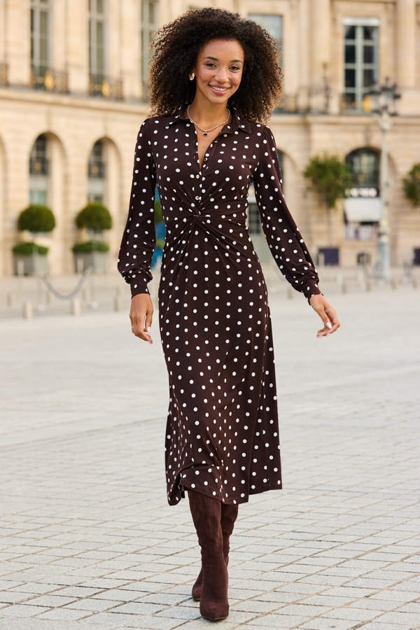 Chocolate Brown Polka Dot Print Twist Front Shirt Dress
