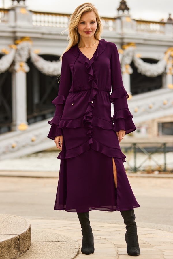 Magenta Chiffon Ruffle Detail Tiered Dress