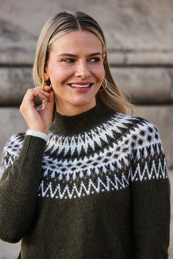 Olive Green Fairisle High Neck Cosy Jumper