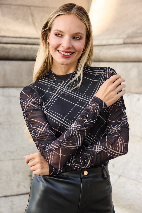 Black Check Print Mesh Ruched Sleeve Funnel Neck Top