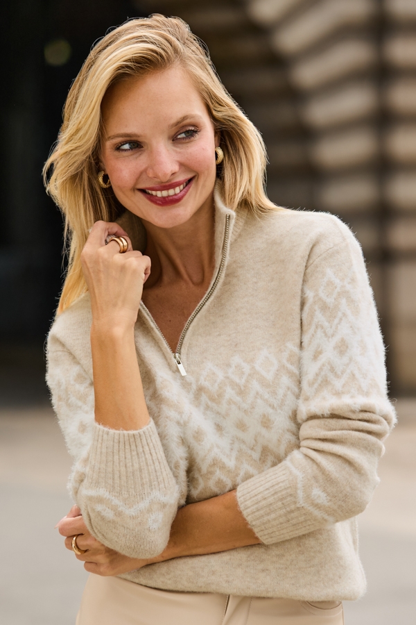 Neutral Aztec Print Funnel Neck Quarter Zip Jumper