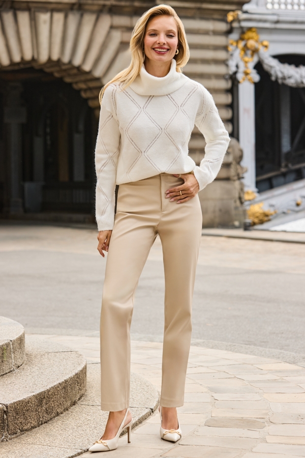 Ecru Faux Leather Straight Leg Trousers
