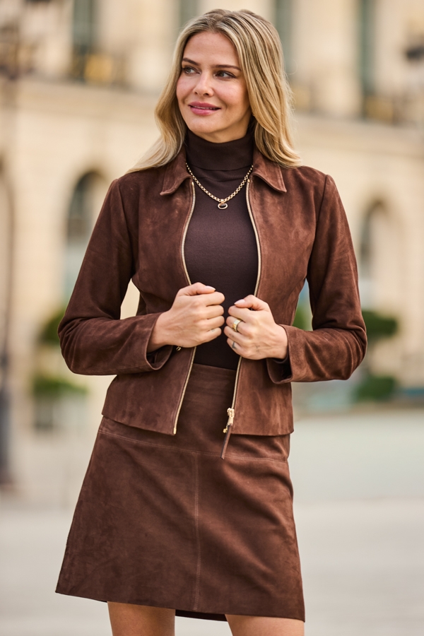 Chocolate Brown Suede Zip Front Collared Jacket