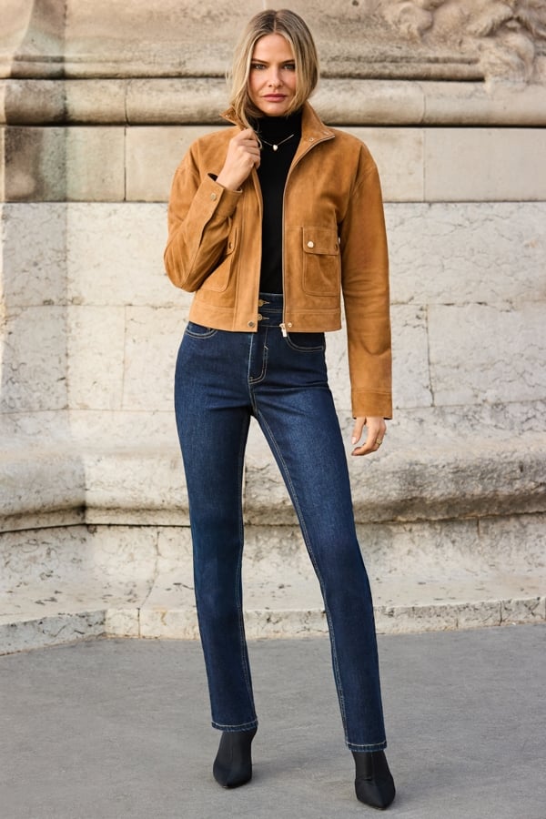 Tan Suede Funnel Collar Bomber Jacket