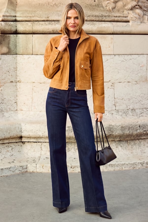 Tan Suede Funnel Collar Bomber Jacket