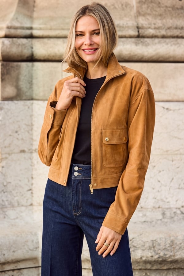 Tan Suede Funnel Collar Bomber Jacket