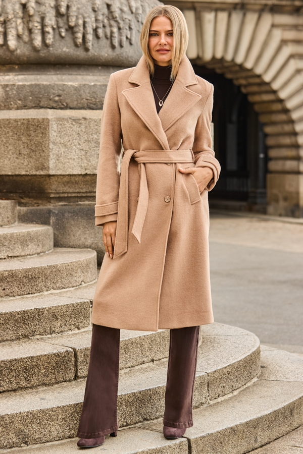 Taupe Belted Wool Mix Coat