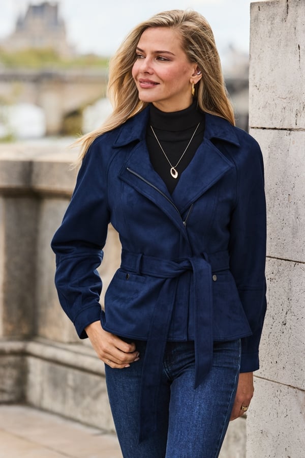 Navy Blue Faux Suede Belted Biker Jacket