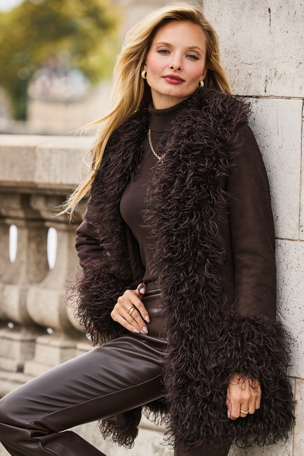 Chocolate Brown Faux Suede & Fur Afghan Coat