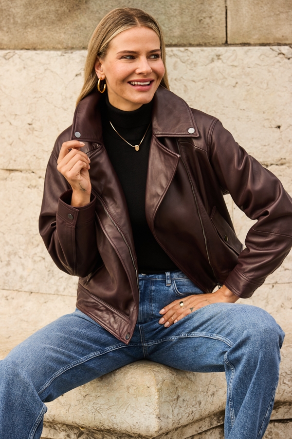 Burgundy Leather Relaxed Biker Jacket