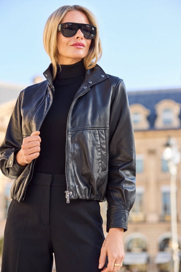 Black Leather Funnel Neck Jacket