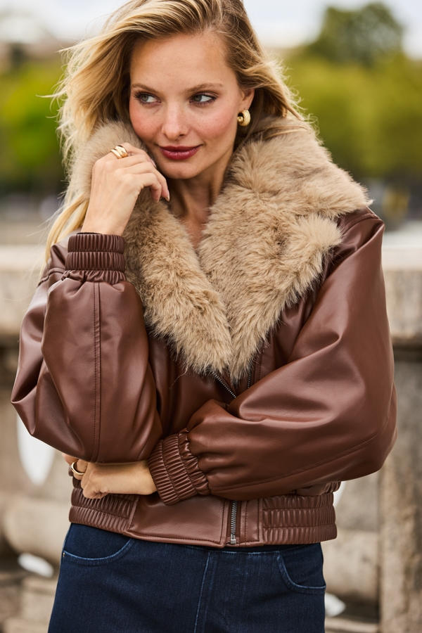 Tan Faux Leather Bomber Jacket With Faux Fur Collar