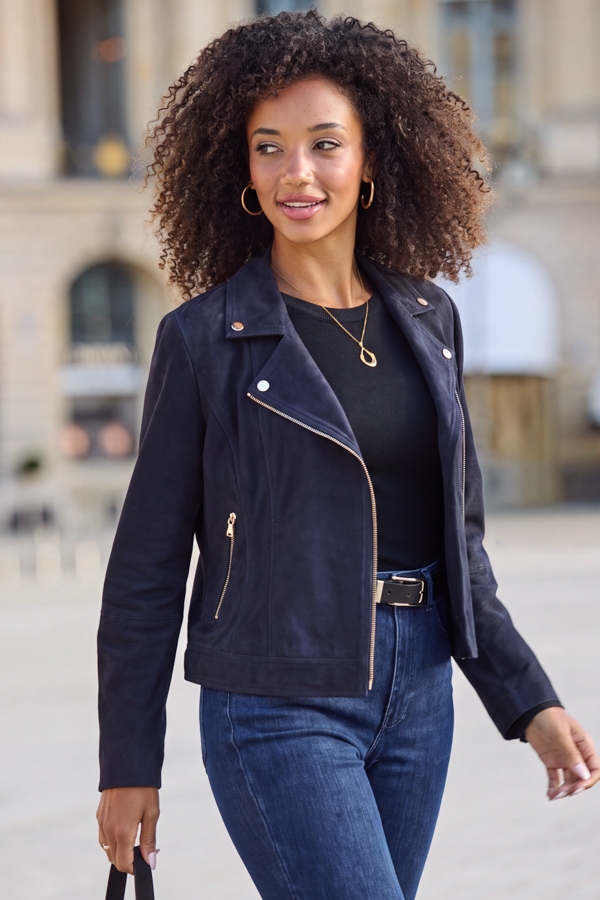 Navy Blue Suede Biker Jacket