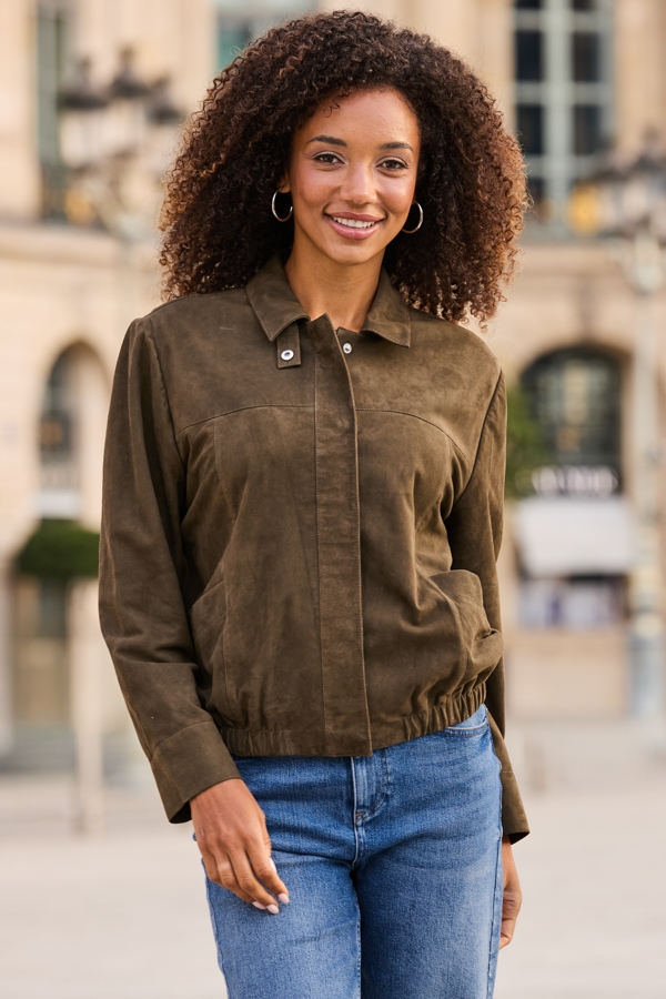Khaki Green Suede Bomber Jacket