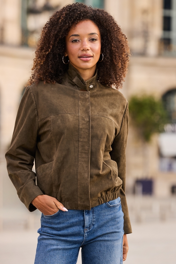 Khaki Green Suede Bomber Jacket