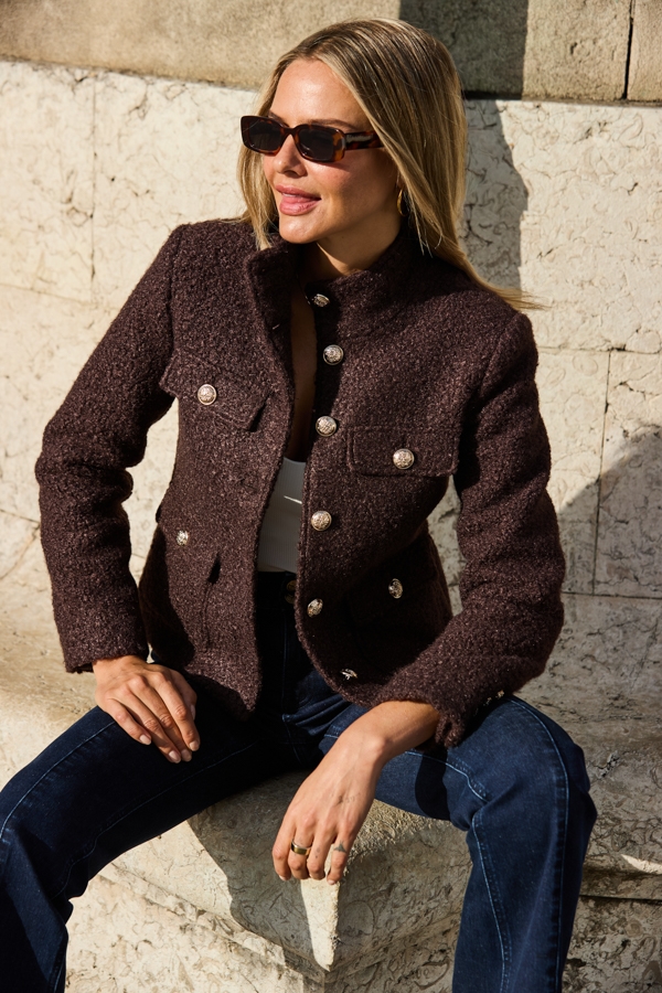Chocolate Brown Boucle Funnel Collar Jacket With Gold Buttons