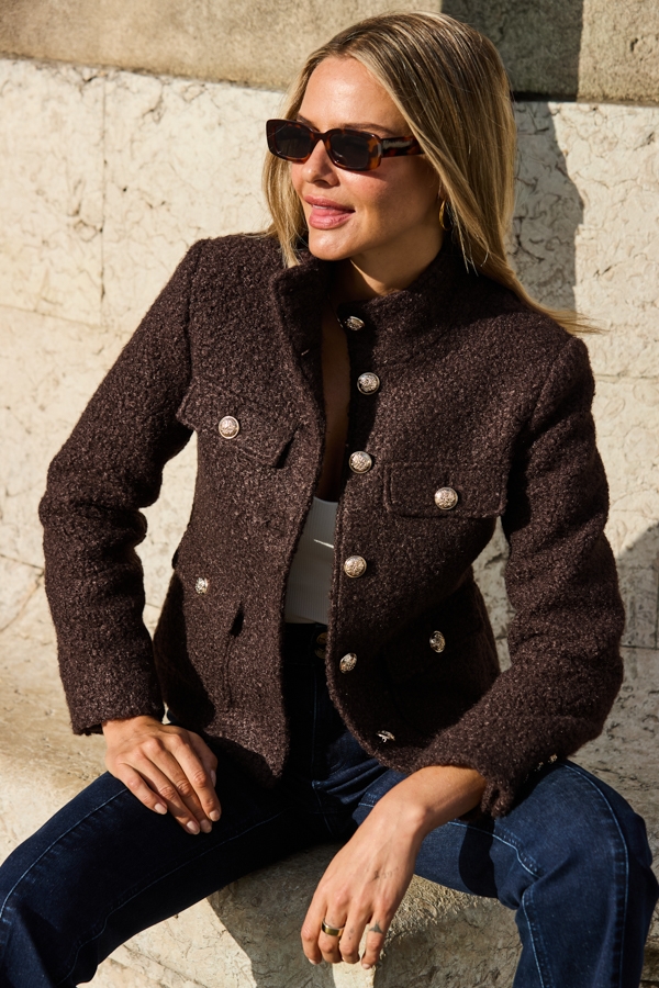 Chocolate Brown Boucle Funnel Collar Jacket With Gold Buttons