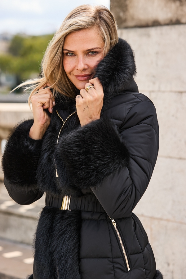 Black Padded Coat With Faux Fur Trim & Cuffs
