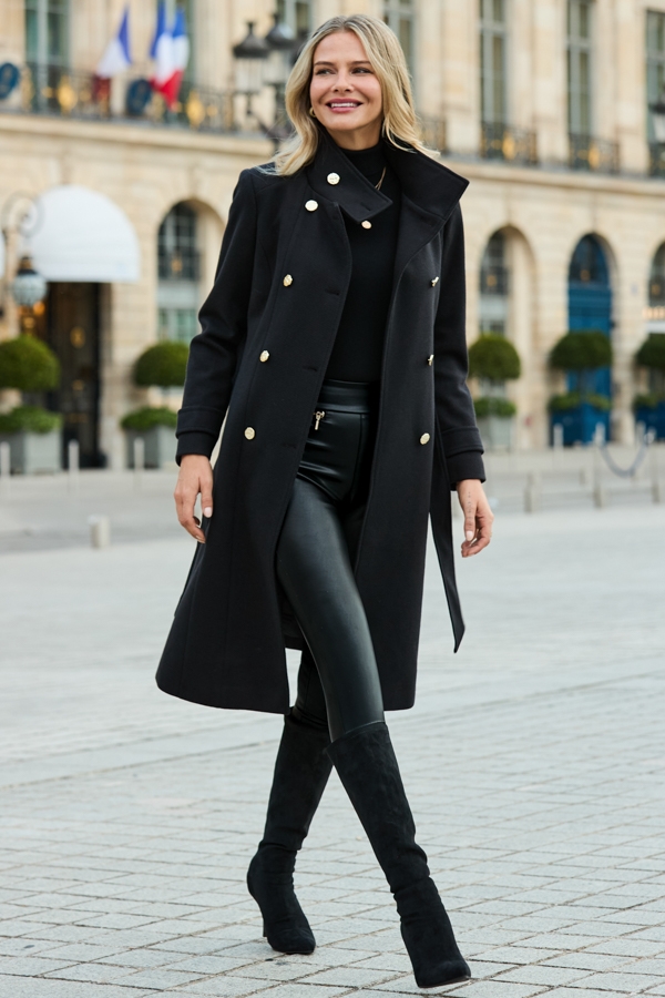 Black Belted Funnel Collar Coat