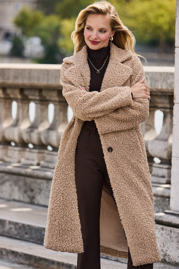 Camel Super Cosy Longline Borg Coat