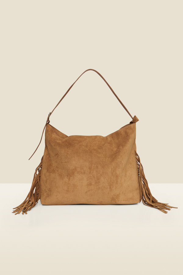 Tan Faux Suede Fringe Slouch Tote Bag