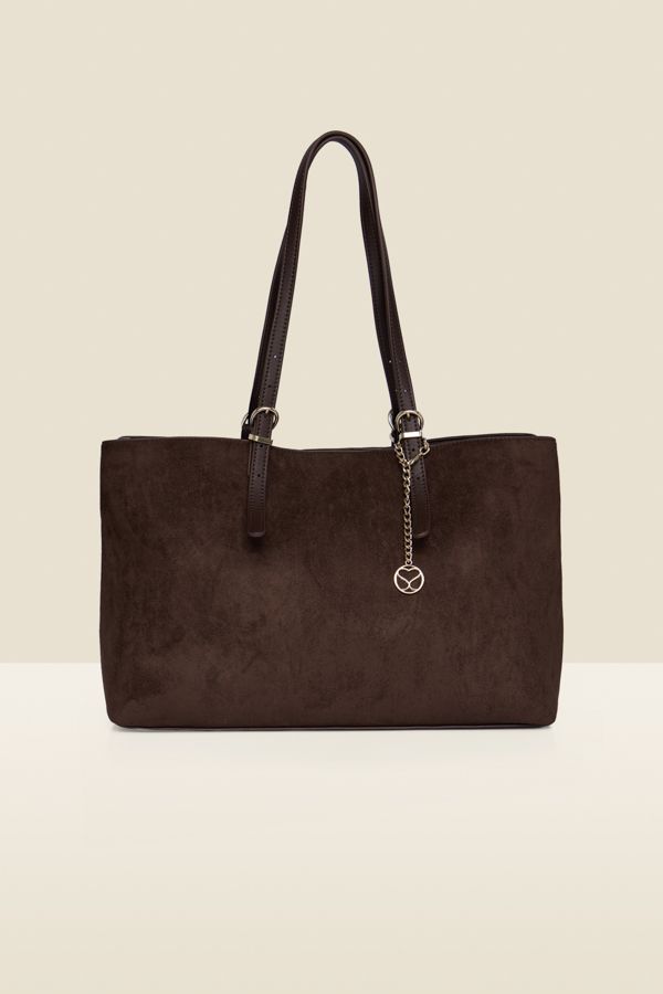 Chocolate Brown Faux Suede Tote Bag With Buckle Detail Straps