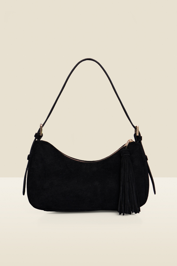 Black Faux Suede Tassel Detail Shoulder Bag