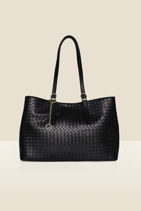 Black Faux Leather Woven Tote Bag