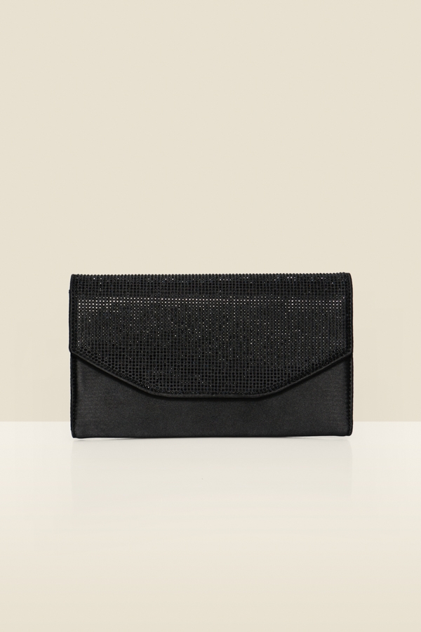 Black Satin Diamante Clutch Bag