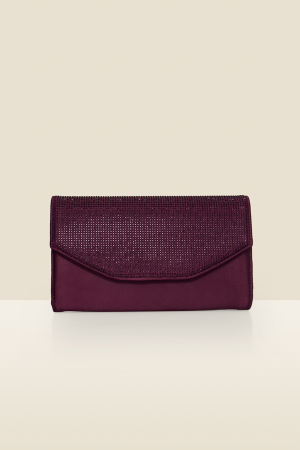 Burgundy Satin Diamante Clutch Bag