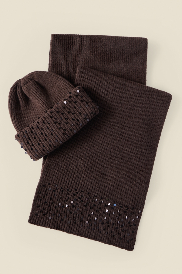 Chocolate Brown Sequin Beanie Hat & Scarf Gift Set
