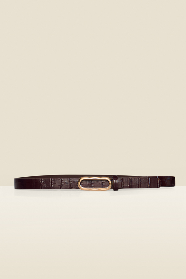 Burgundy Croc Leather Belt With Oval Statement Buckle