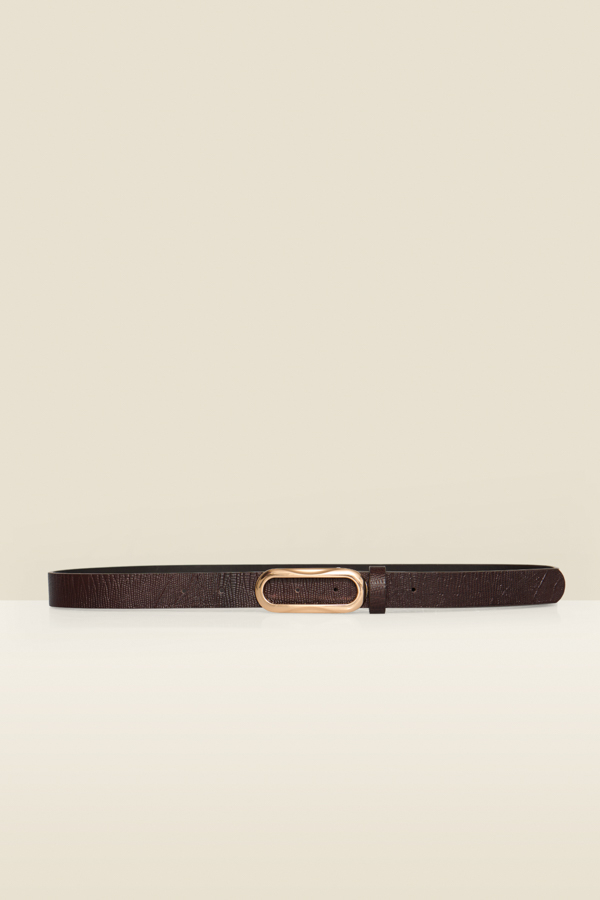 Chocolate Brown Croc Leather Belt With Oval Statement Buckle