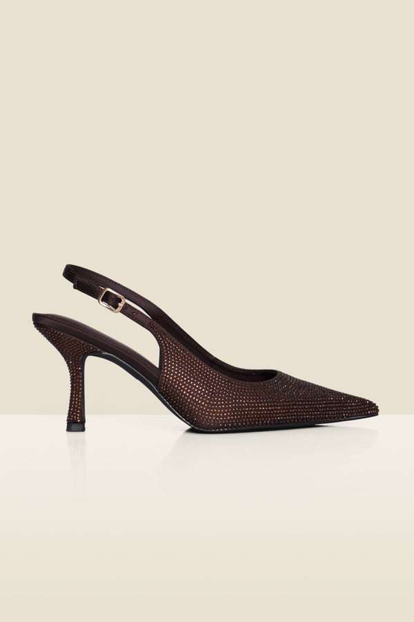 Chocolate Brown Hot Fix Flared Kitten Heel Slingback Court Shoes