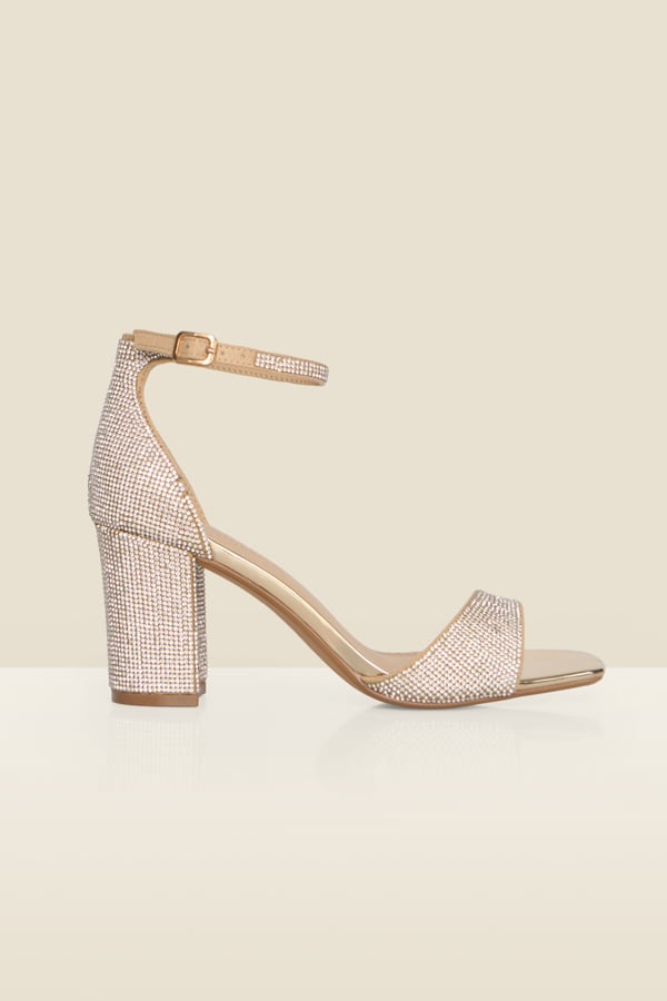 Gold Diamante Low Block Heel Sandals
