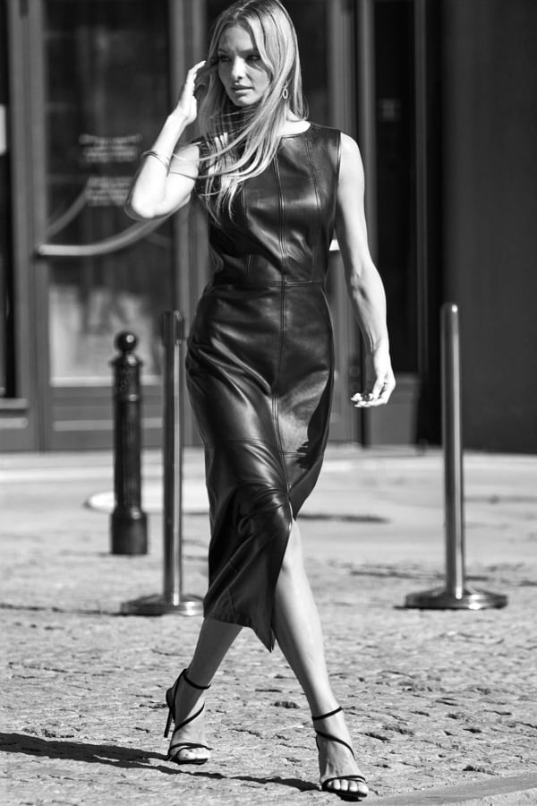Black Leather Front Split Pencil Dress